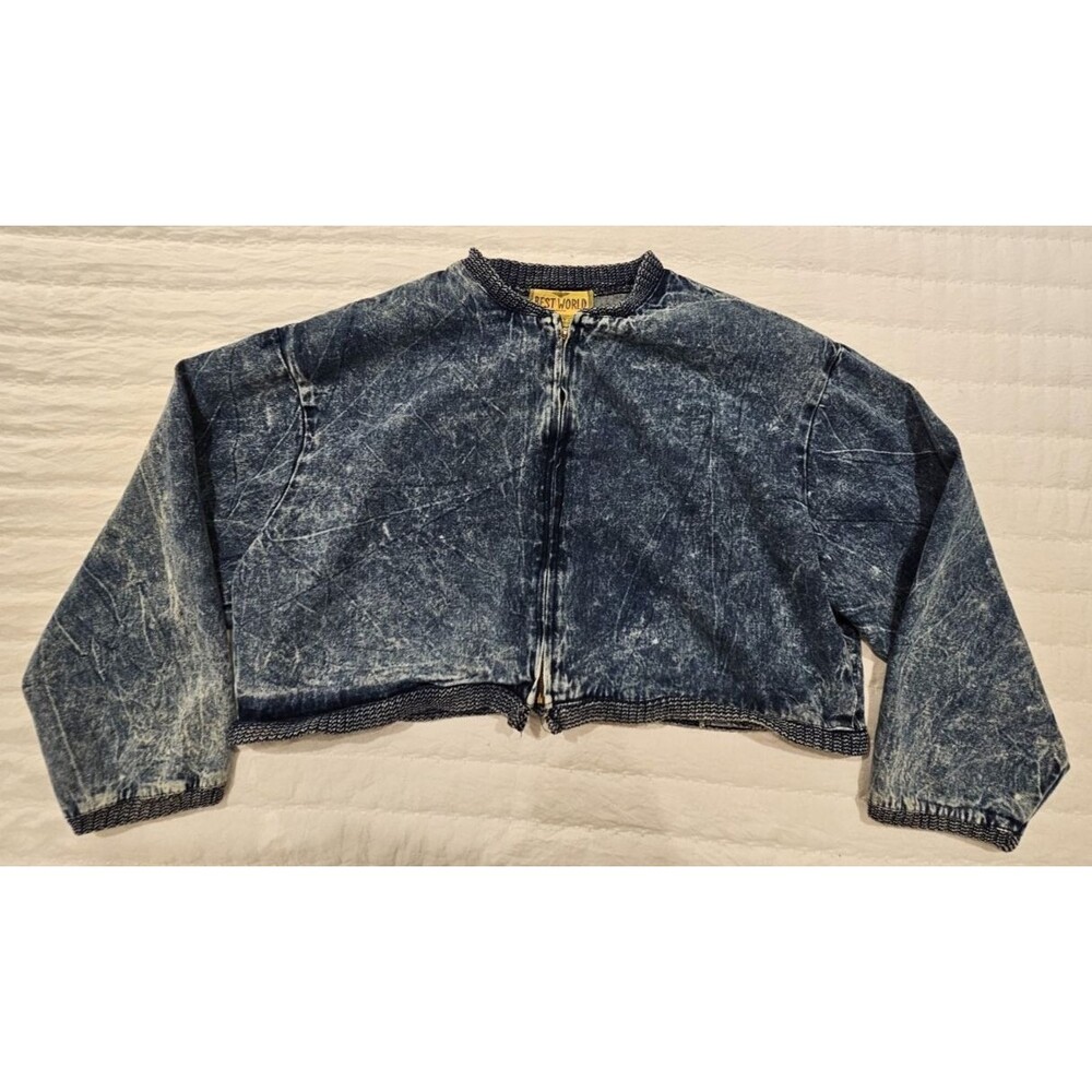 VINTAGE 80s ACID WASH DENIM ZIP UP MID DRIFT JACKET WOMENS SIZE LARGE